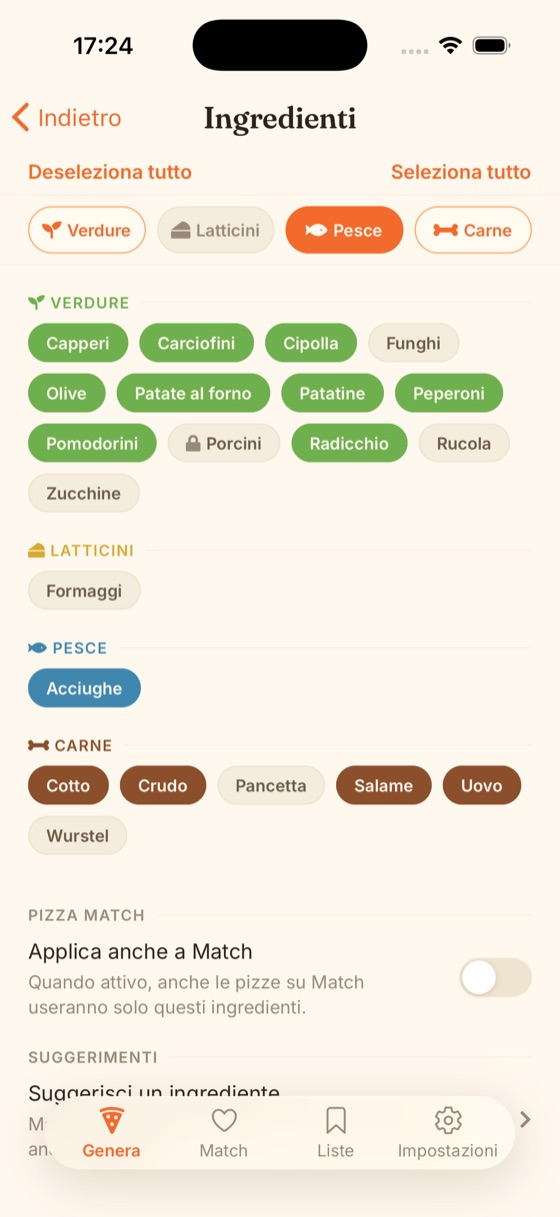 Schermata di scelta ingredienti