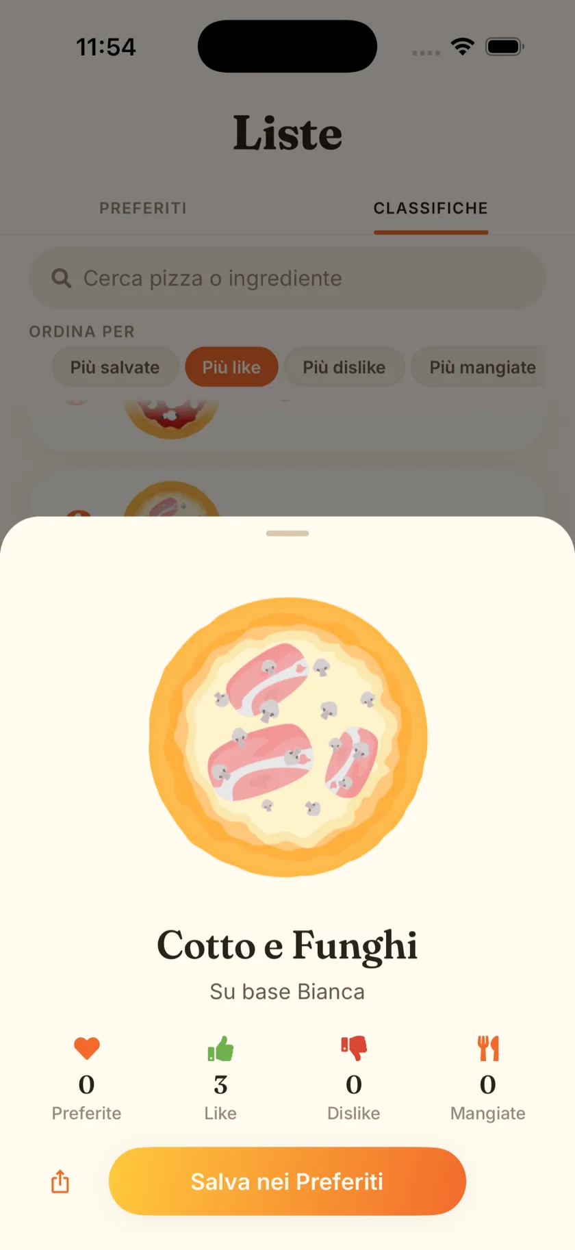 La schermata Classifiche con il dettaglio di una pizza